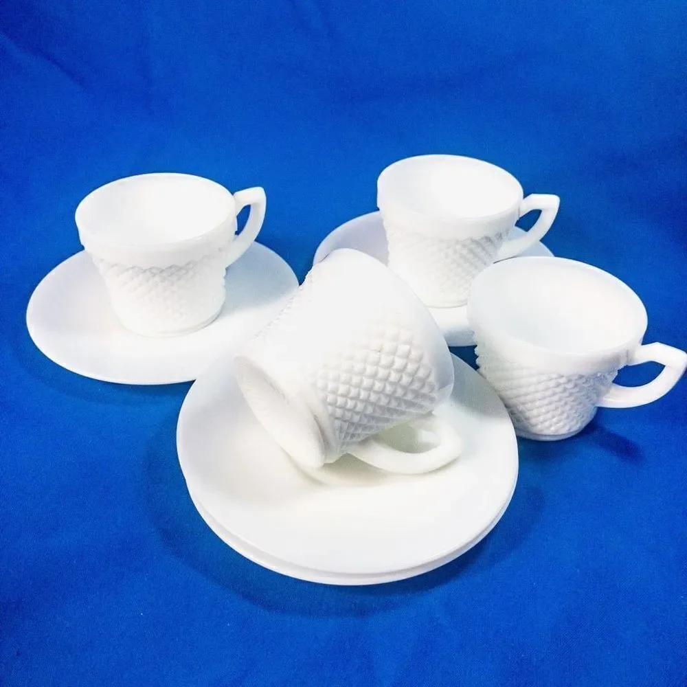 VTG Westmorland English Hobnail Milk Glass Cup & Saucer -Service for 4